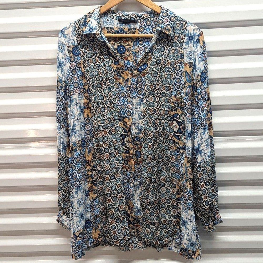 Boho Medallion Print Tunic Blouse Jane + Delancey Blue Artsy Button Front L